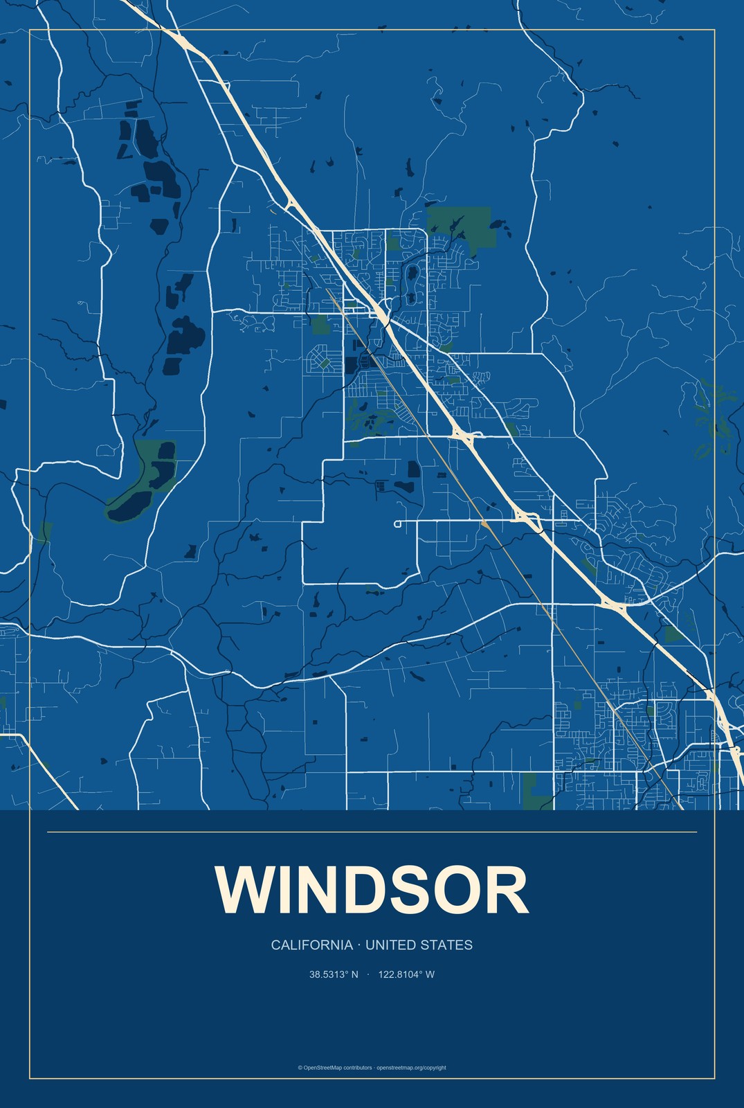 Windsor, California City Map Aluminum Sign in Harbor Cobalt style