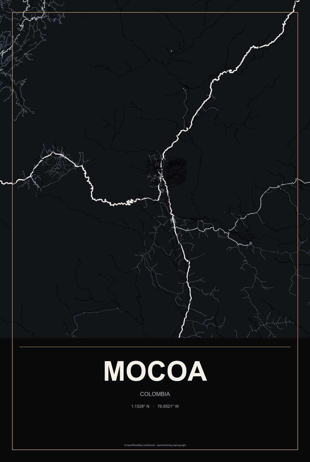 Mocoa, Colombia City Map Aluminum Sign in Metropolitan Noir style
