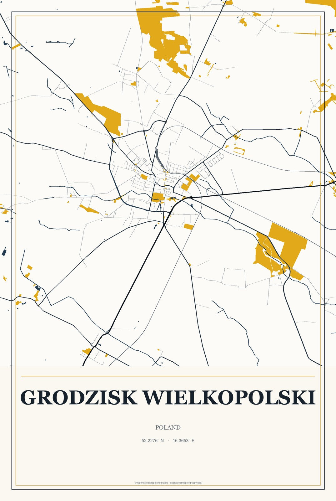 Grodzisk Wielkopolski, Poland City Map Aluminum Sign in Citrine Modern style