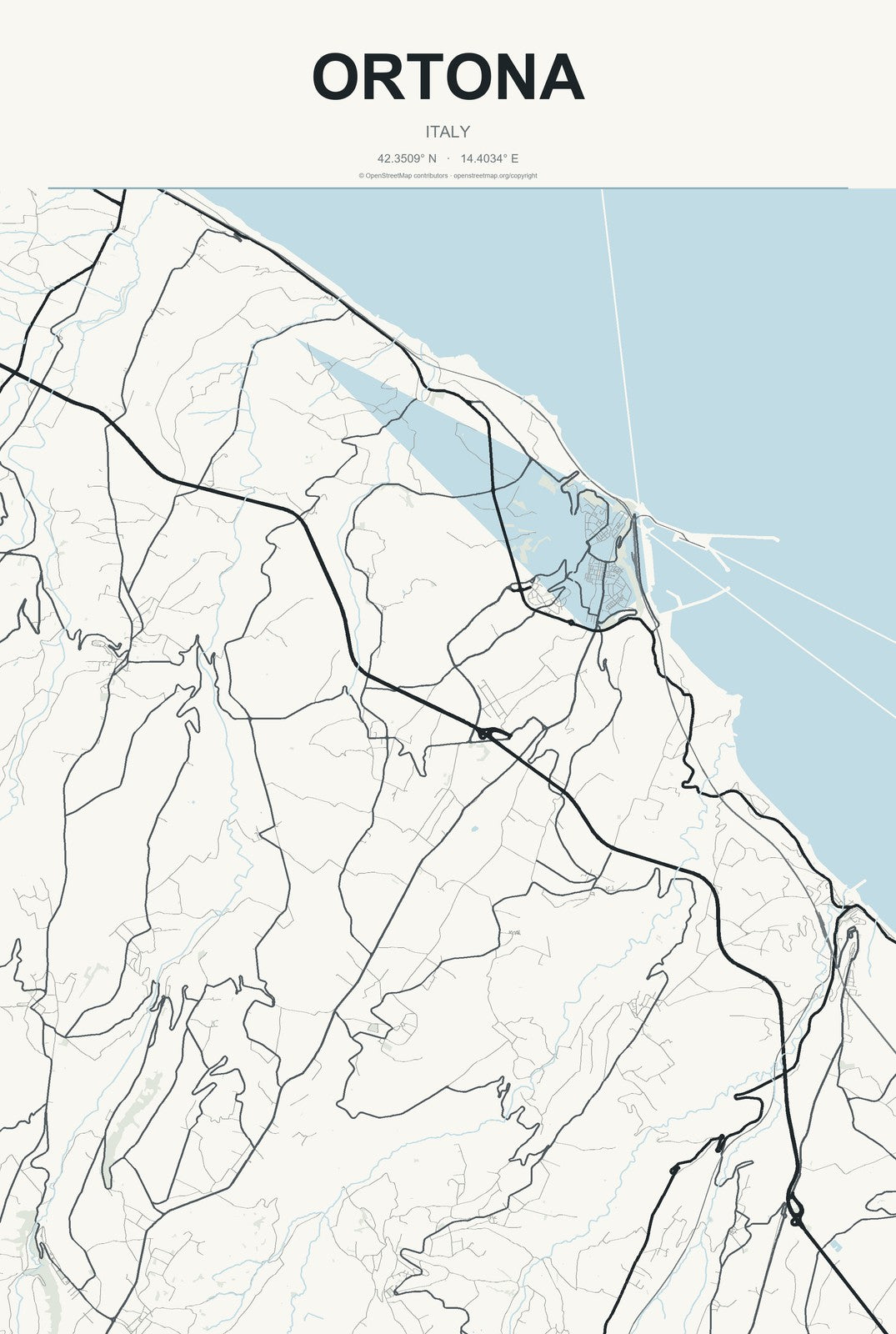 Ortona, Italy City Map Aluminum Sign in Headline Atlas style
