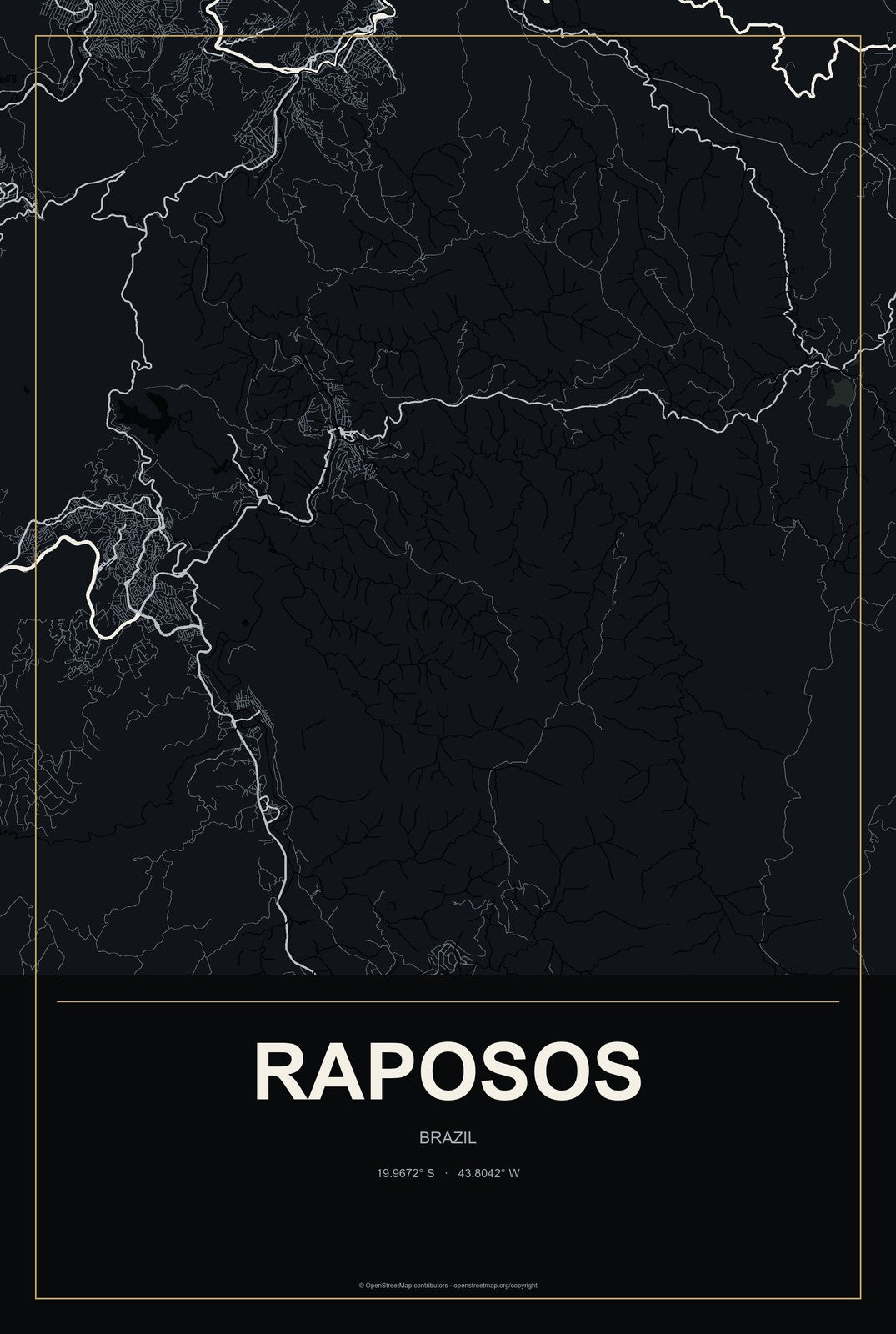 Raposos, Brazil City Map Aluminum Sign in Metropolitan Noir style