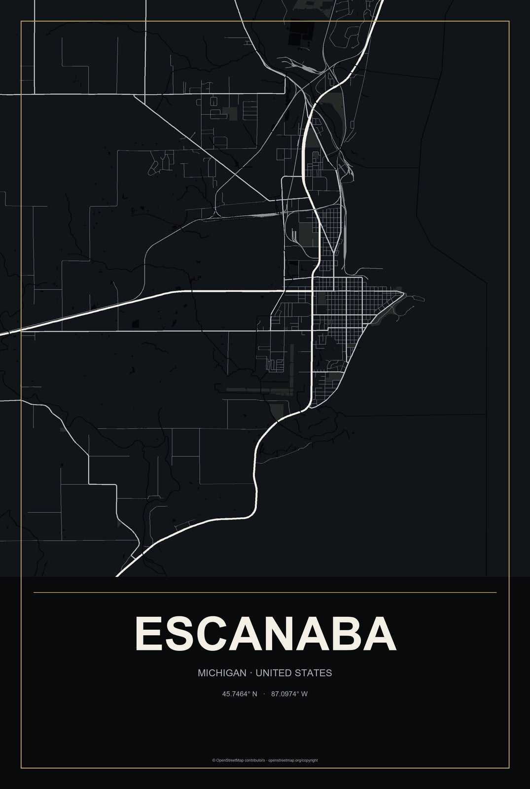 Escanaba, Michigan City Map Aluminum Sign in Metropolitan Noir style
