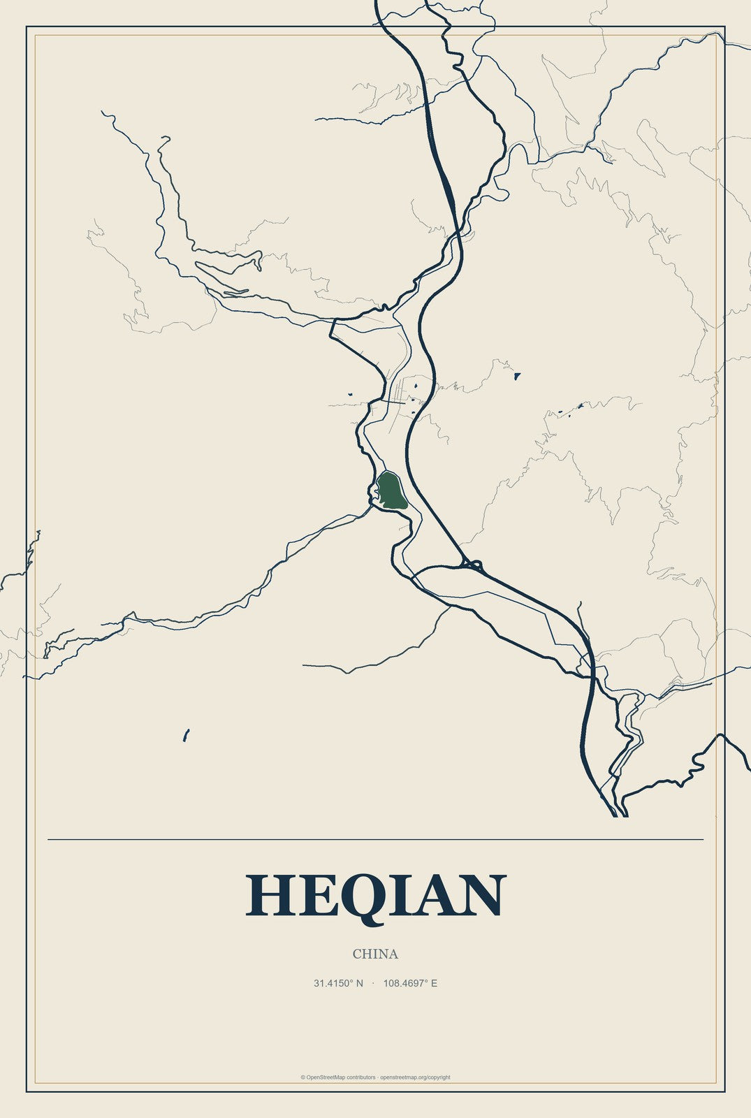 Heqian, China City Map Aluminum Sign in Coastal Cutout style