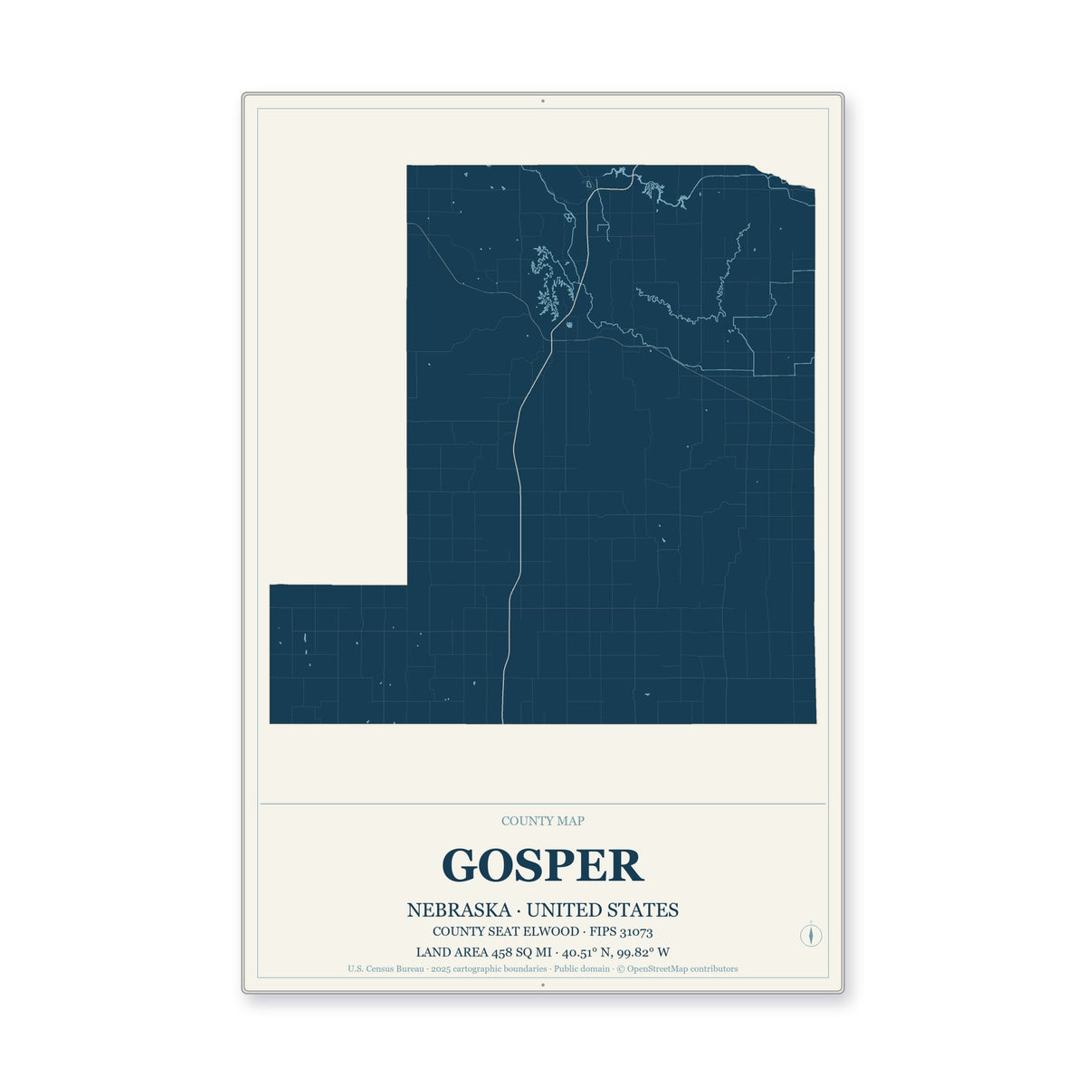 Gosper County, Nebraska Map Aluminum Sign in Coastal Cutout style