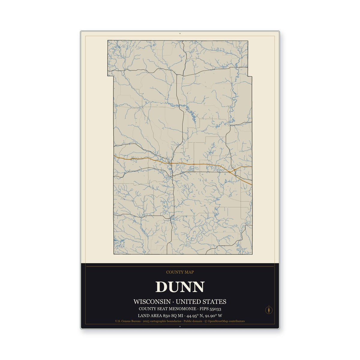 Dunn County, Wisconsin Map Aluminum Sign in Museum Plaque style