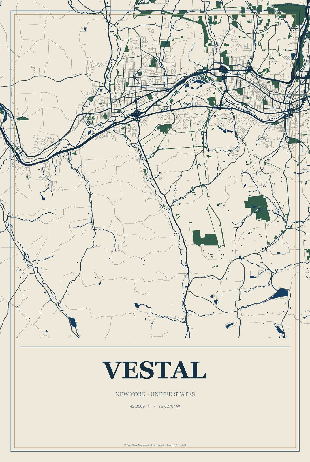 Vestal, New York City Map Aluminum Sign in Coastal Cutout style