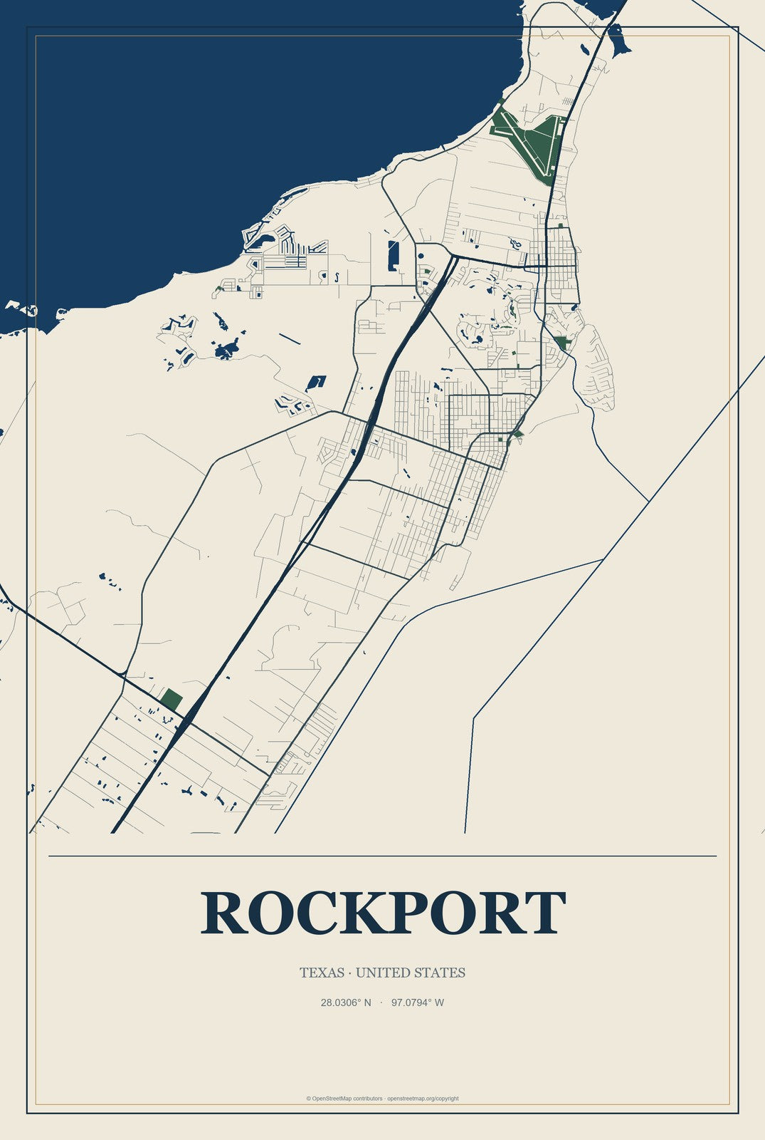 Rockport, Texas City Map Aluminum Sign in Coastal Cutout style