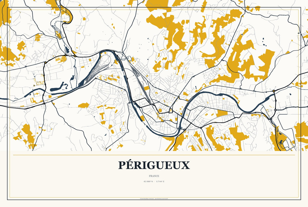 Périgueux, France City Map Aluminum Sign in Citrine Modern style