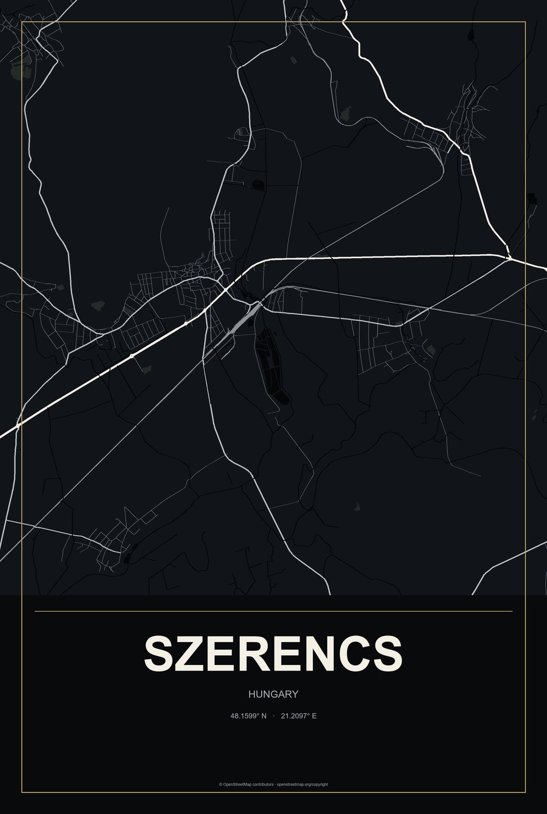 Szerencs, Hungary City Map Aluminum Sign in Metropolitan Noir style