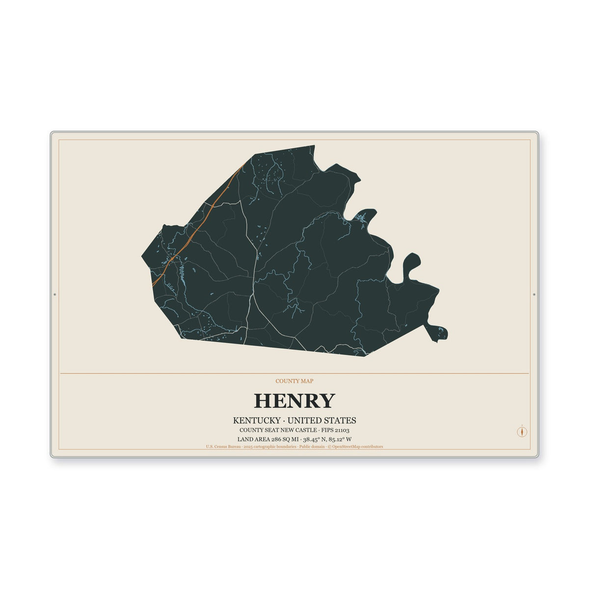 Henry County, Kentucky Map Aluminum Sign in Headline Atlas style