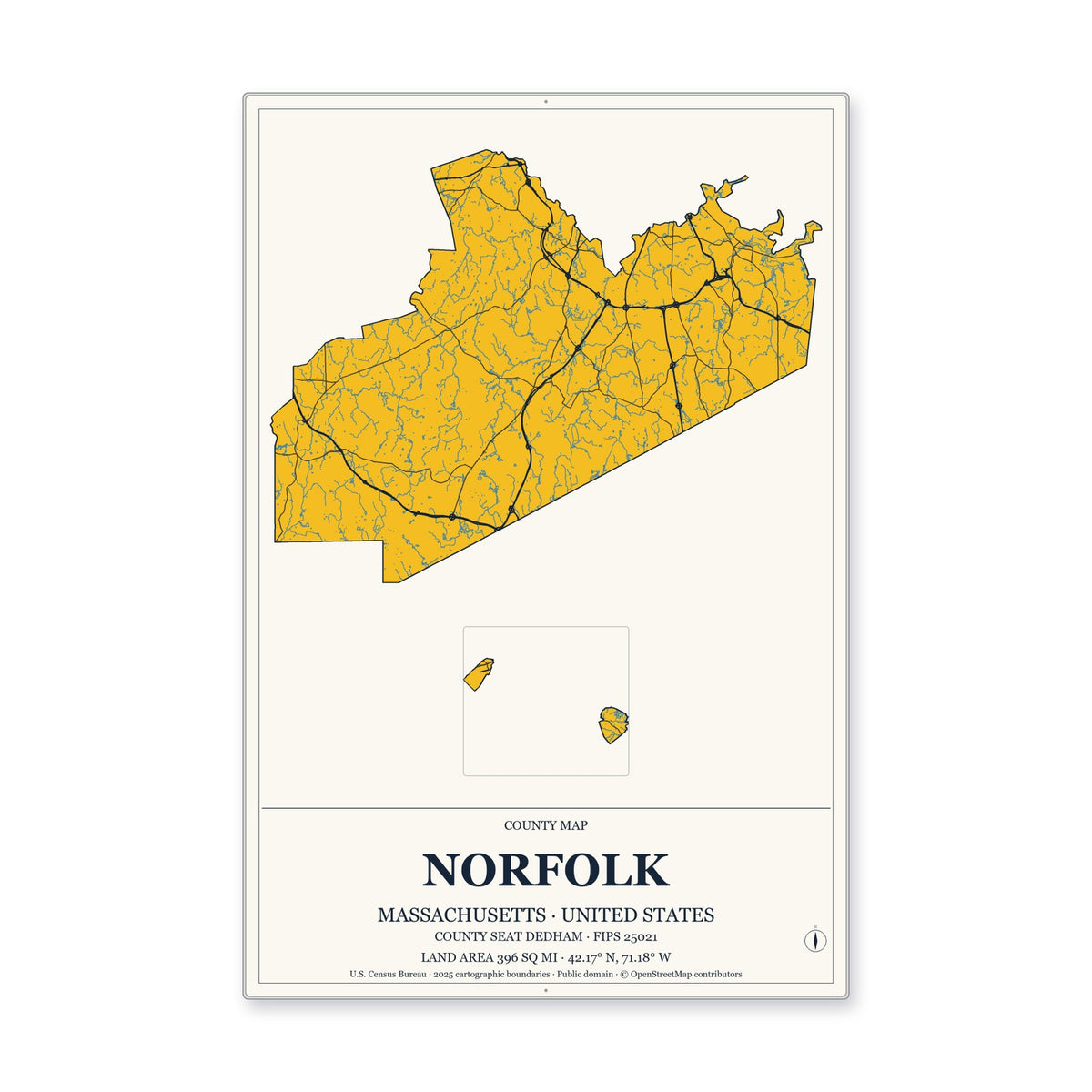 Norfolk County, Massachusetts Map Aluminum Sign in Citrine Modern style
