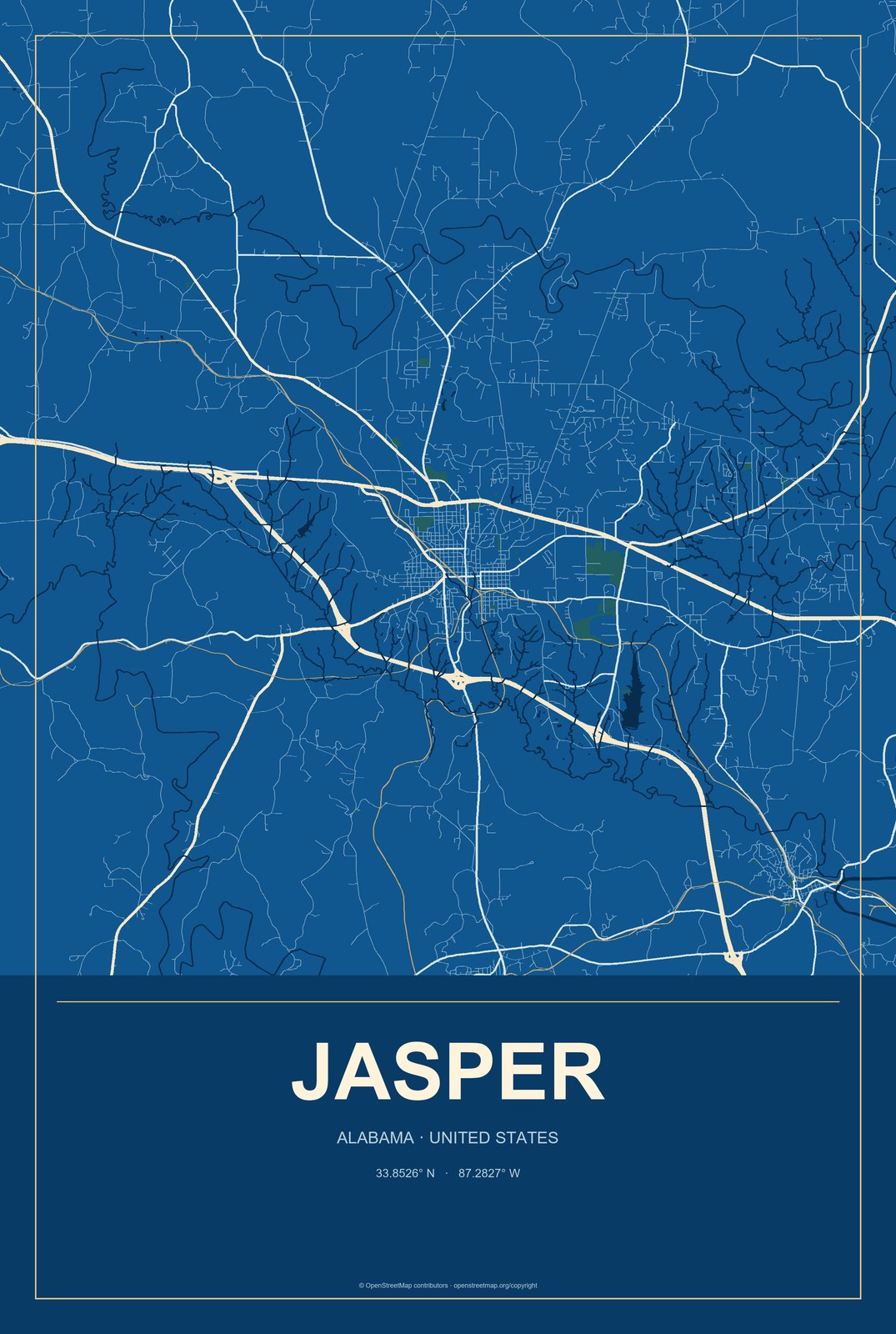 Jasper, Alabama City Map Aluminum Sign in Harbor Cobalt style