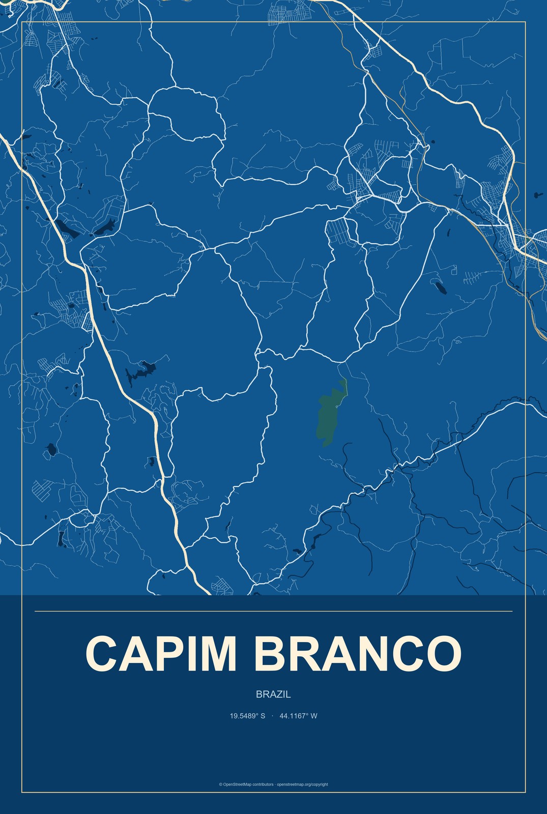 Capim Branco, Brazil City Map Aluminum Sign in Harbor Cobalt style