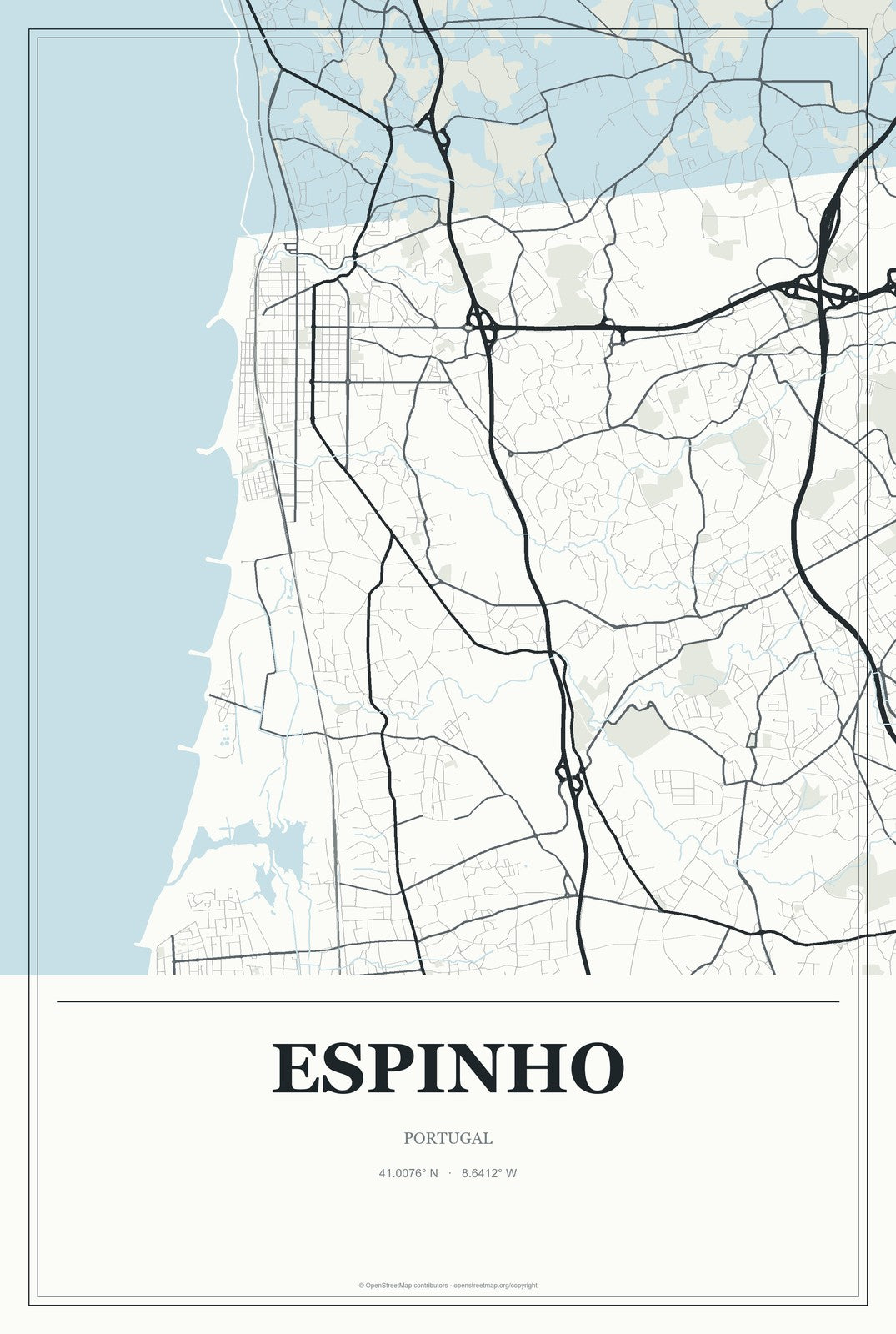 Espinho, Portugal City Map Aluminum Sign in Gallery Air style