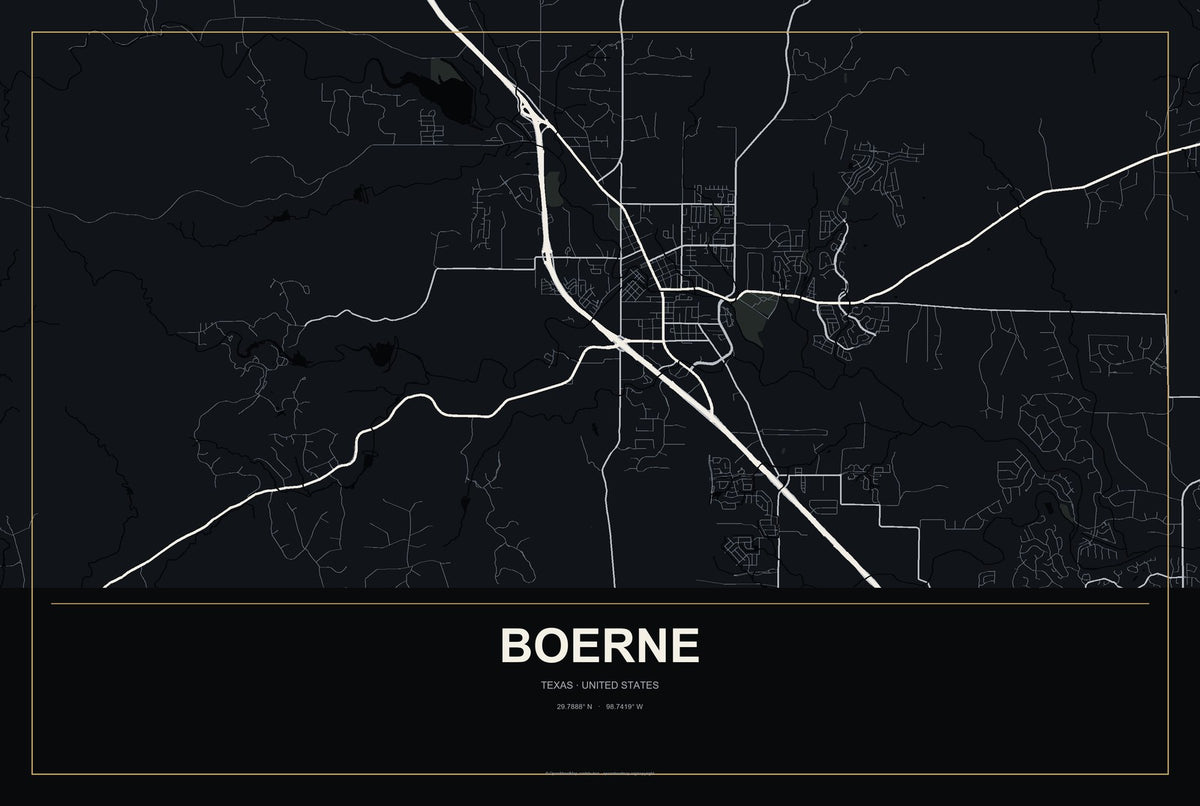 Boerne, Texas City Map Aluminum Sign in Metropolitan Noir style