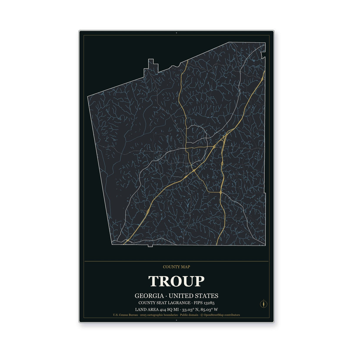 Troup County, Georgia Map Aluminum Sign in Metropolitan Noir style
