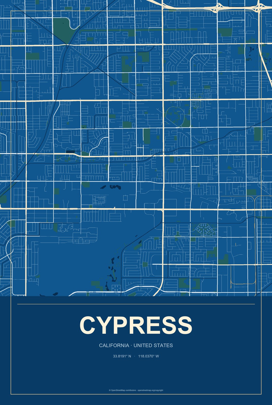 Cypress, California City Map Aluminum Sign in Harbor Cobalt style