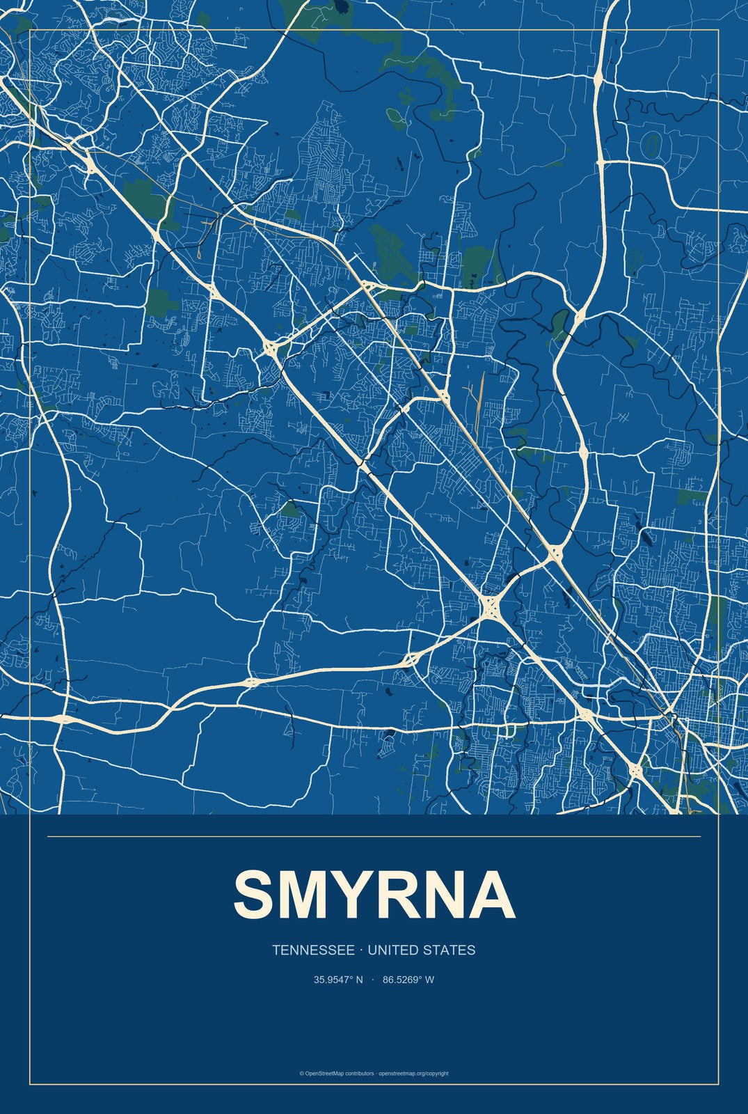 Smyrna, Tennessee City Map Aluminum Sign in Harbor Cobalt style