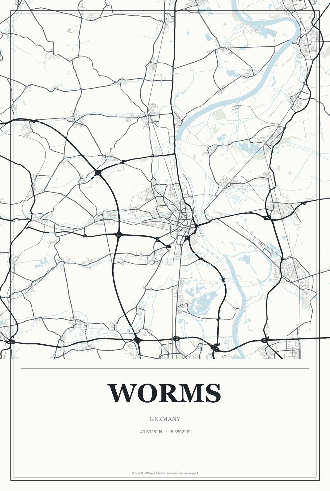 Worms, Germany City Map Aluminum Sign in Gallery Air style