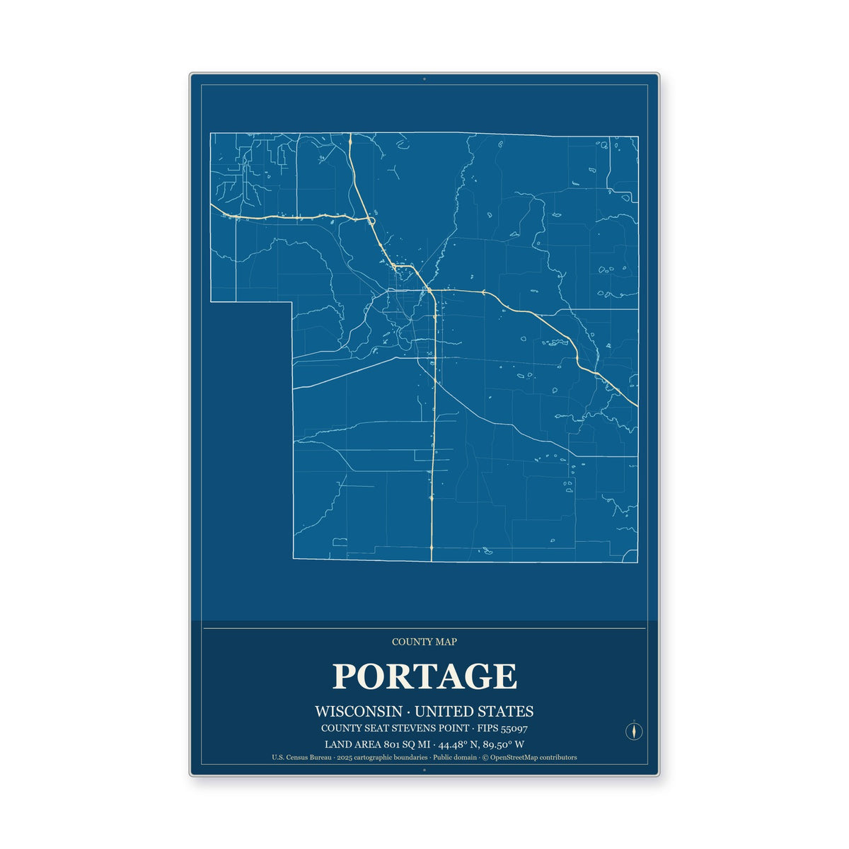 Portage County, Wisconsin Map Aluminum Sign in Harbor Cobalt style