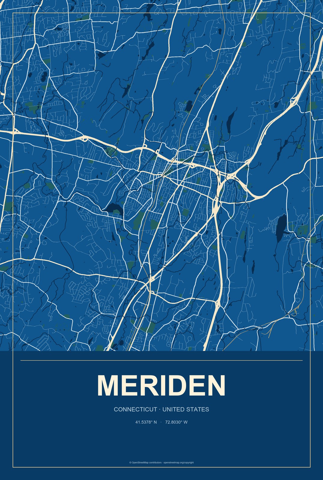 Meriden, Connecticut City Map Aluminum Sign in Harbor Cobalt style