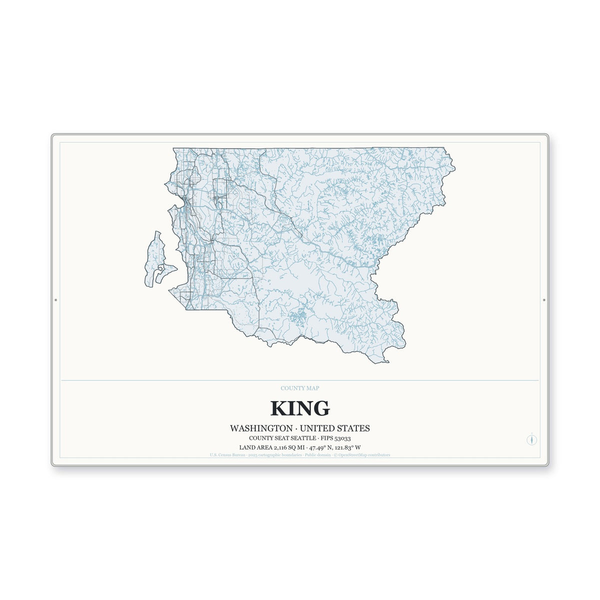 King County, Washington Map Aluminum Sign in Gallery Air style