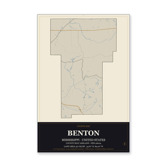 Benton County, Mississippi Map Aluminum Sign in Museum Plaque style