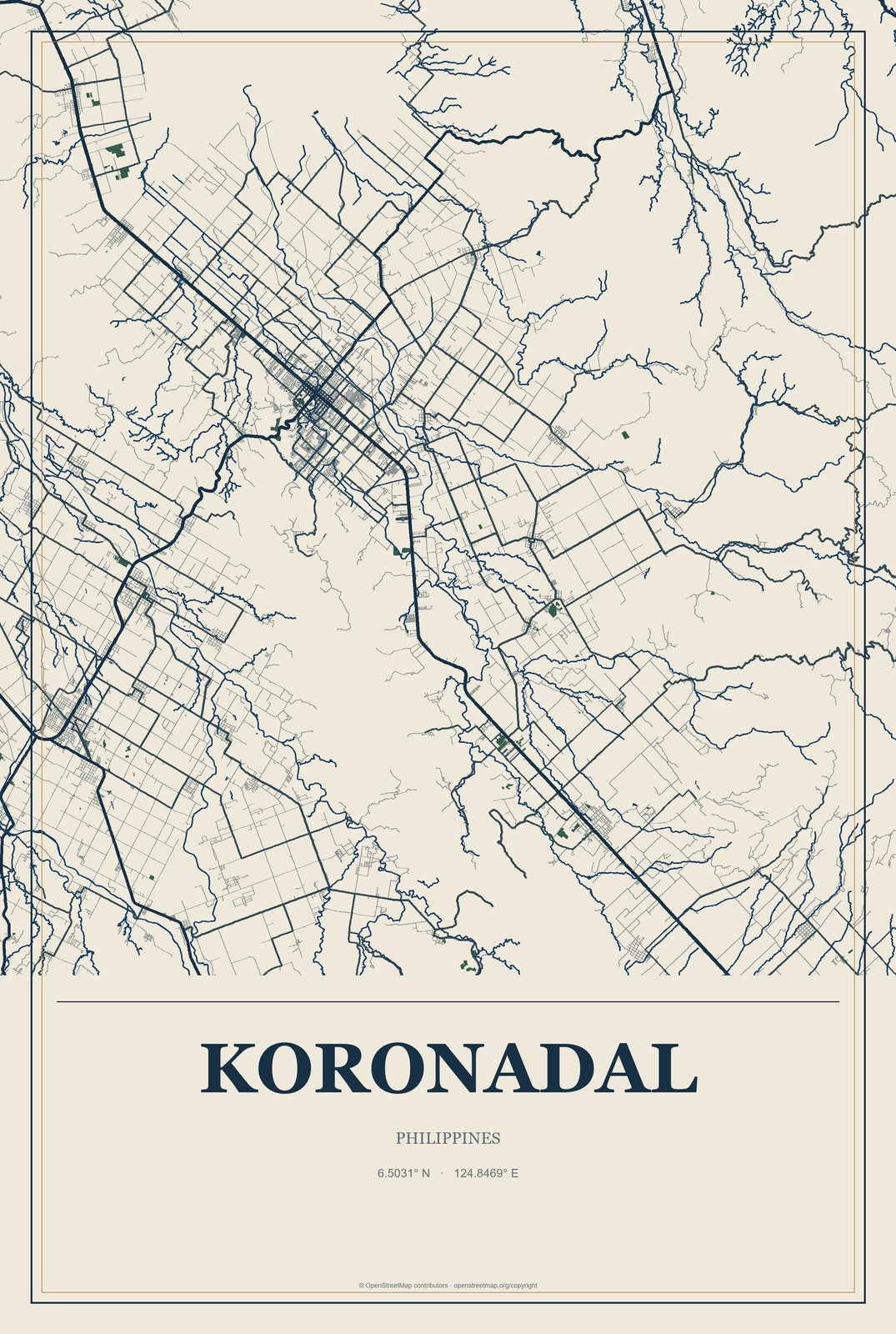 Koronadal, Philippines City Map Aluminum Sign in Coastal Cutout style
