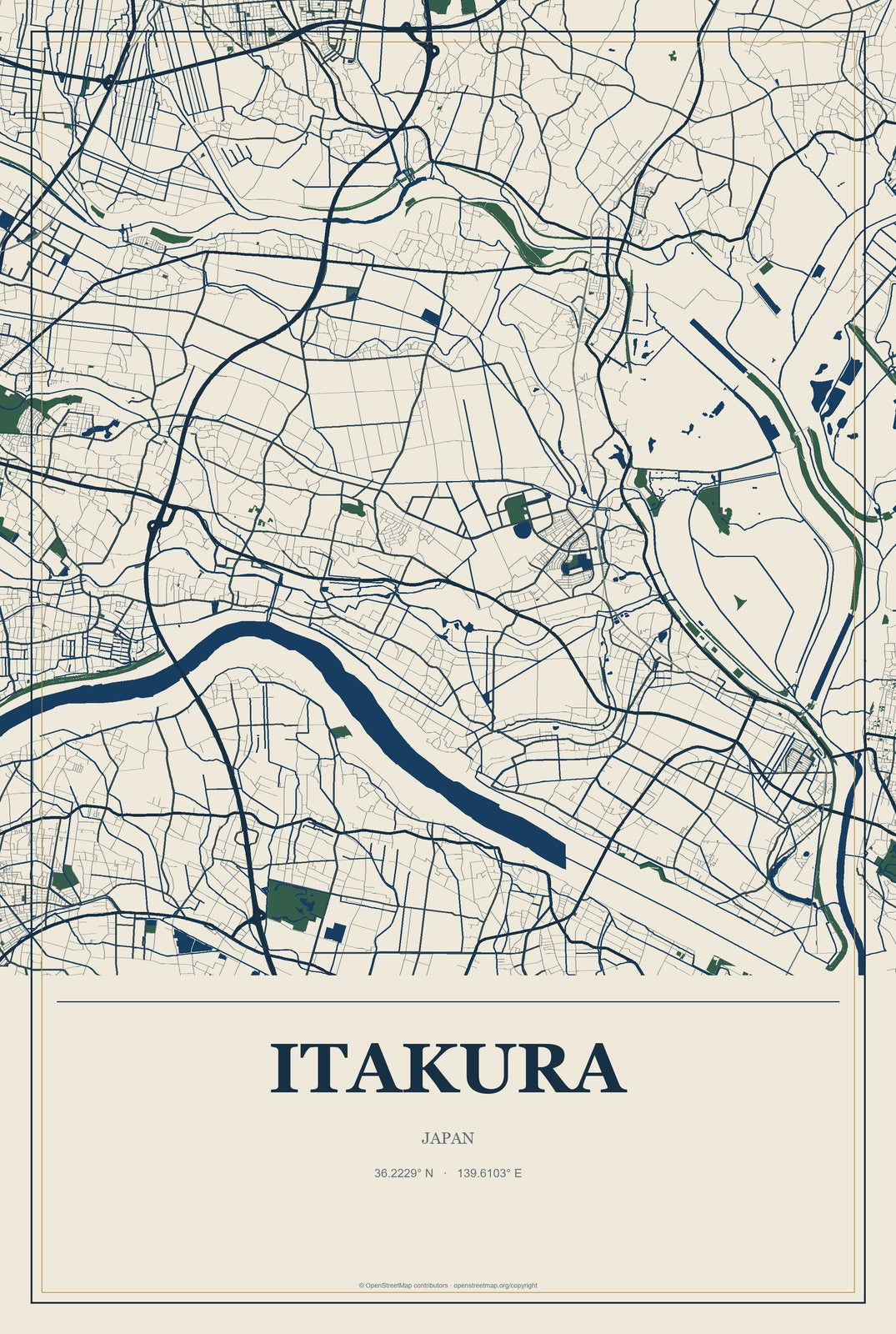 Itakura, Japan City Map Aluminum Sign in Coastal Cutout style