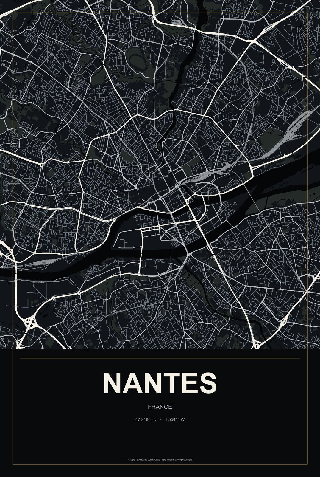 Nantes, France City Map Aluminum Sign in Metropolitan Noir style