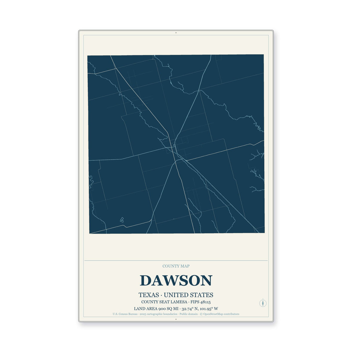 Dawson County, Texas Map Aluminum Sign in Coastal Cutout style