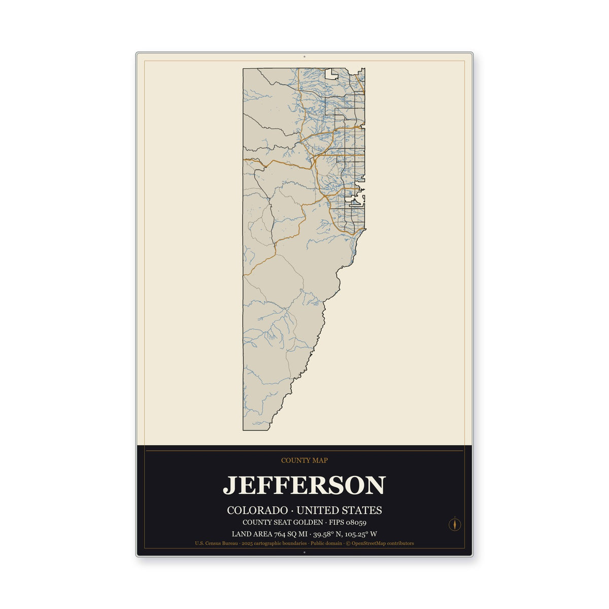 Jefferson County, Colorado Map Aluminum Sign in Museum Plaque style