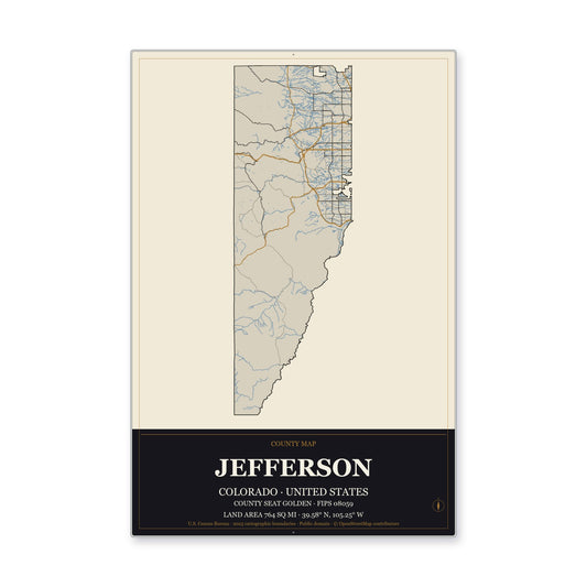 Jefferson County, Colorado Map Aluminum Sign in Museum Plaque style