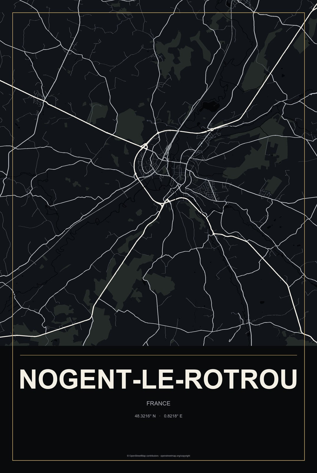 Nogent-le-Rotrou, France City Map Aluminum Sign in Metropolitan Noir style