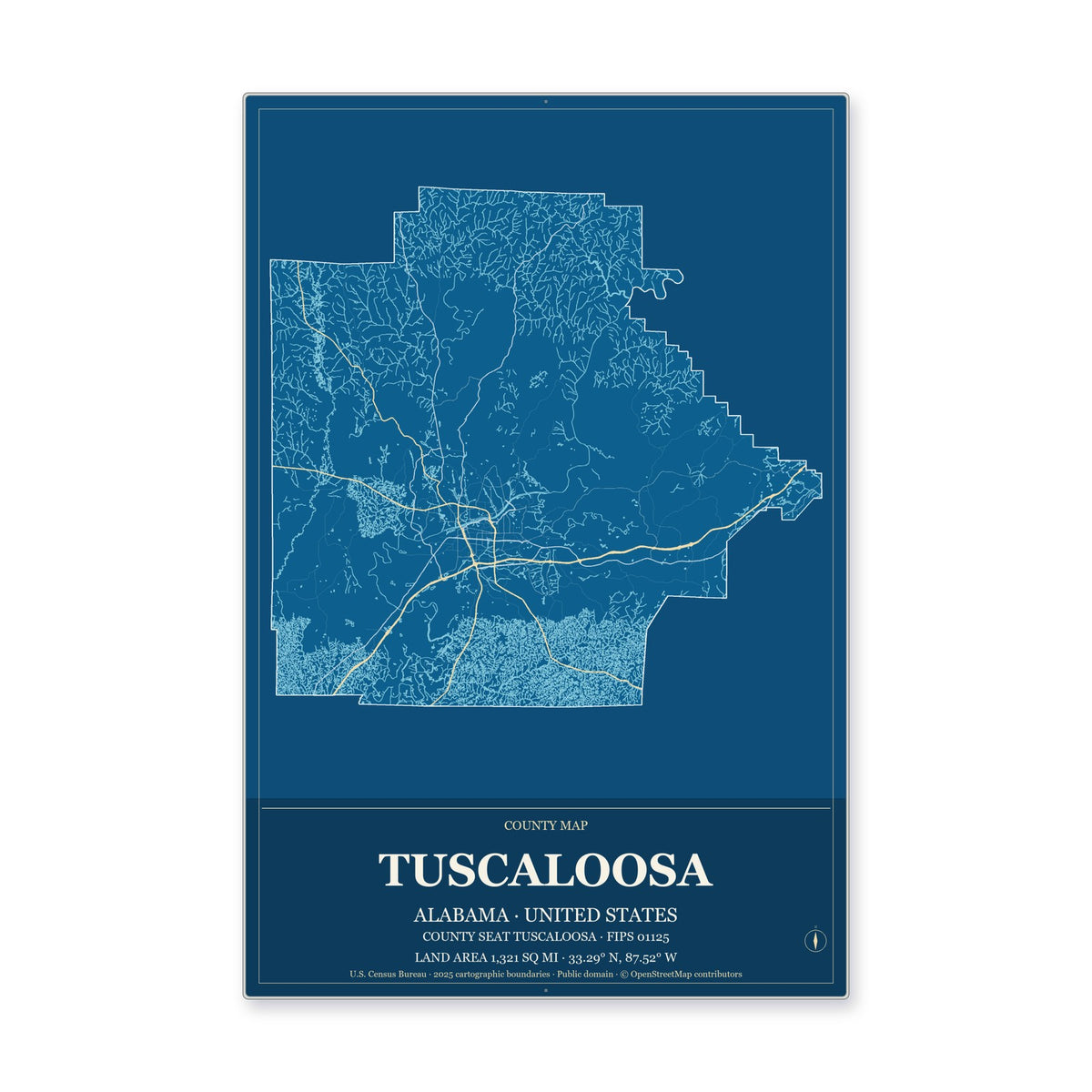 Tuscaloosa County, Alabama Map Aluminum Sign in Harbor Cobalt style