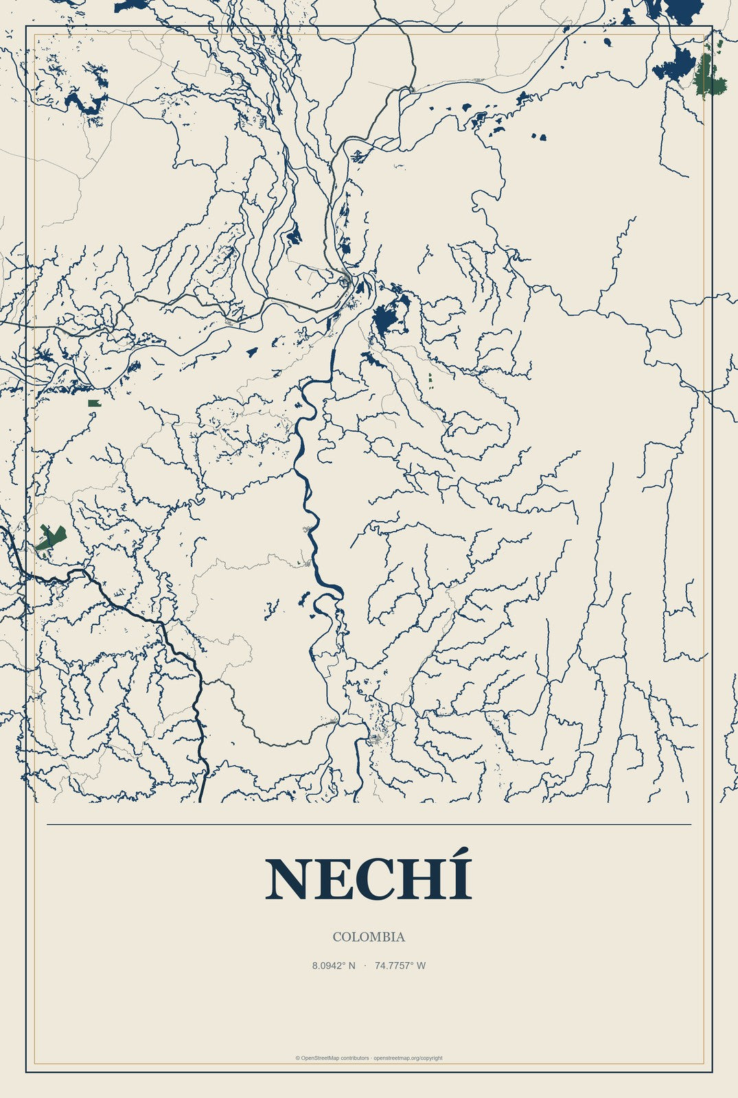 Nechí, Colombia City Map Aluminum Sign in Coastal Cutout style