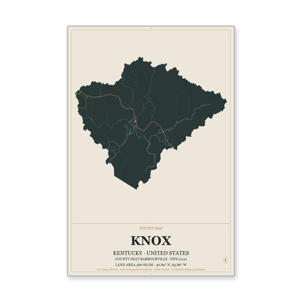 Knox County, Kentucky Map Aluminum Sign in Headline Atlas style