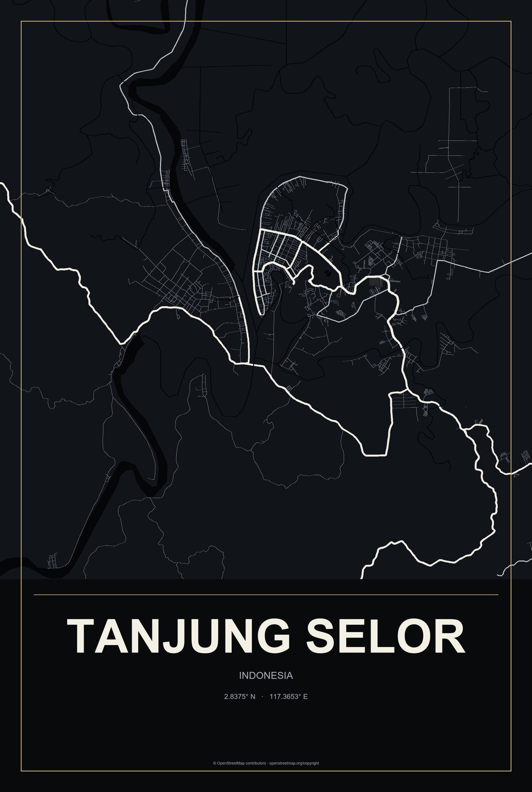 Tanjung Selor, Indonesia City Map Aluminum Sign in Metropolitan Noir style