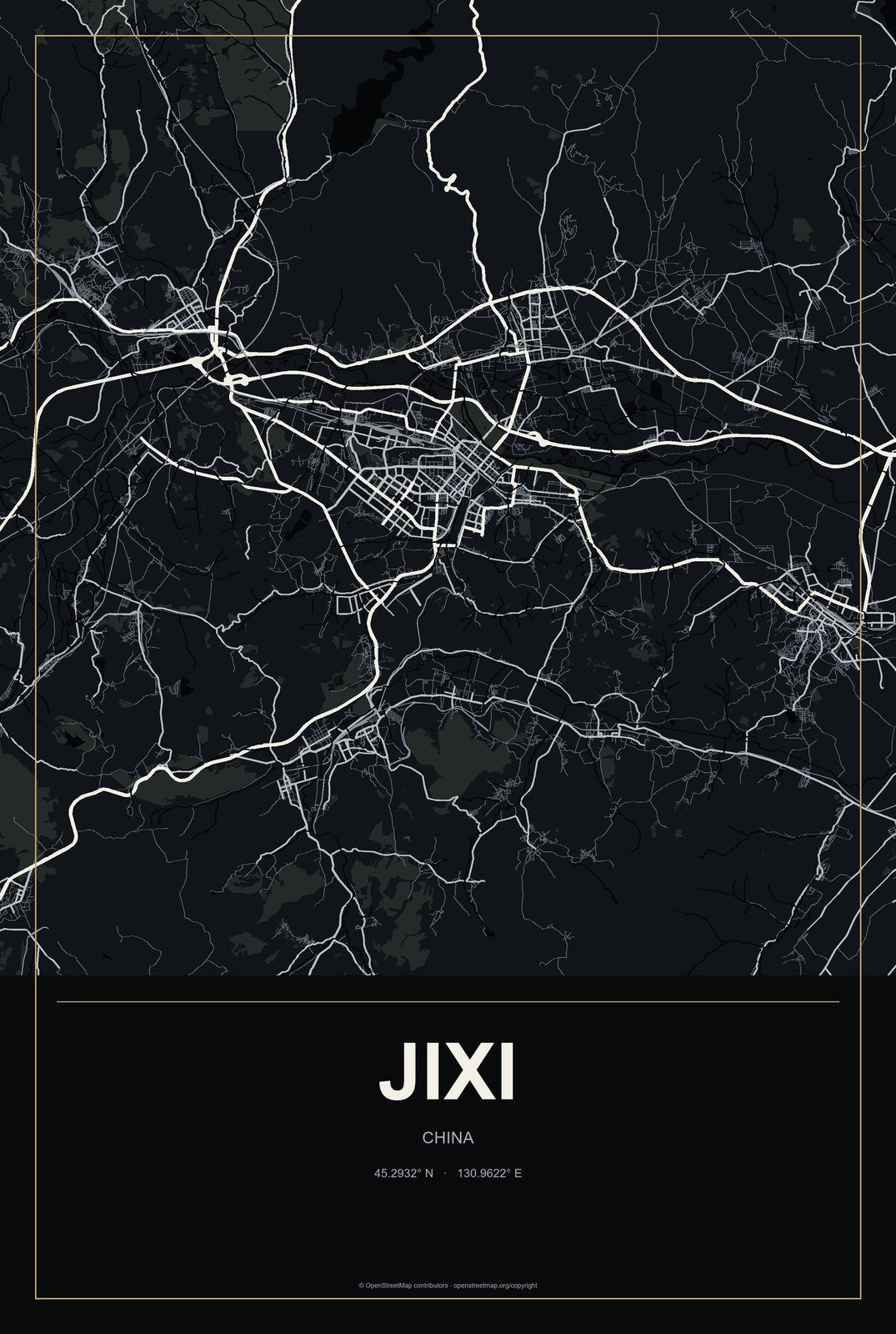 Jixi, China City Map Aluminum Sign in Metropolitan Noir style