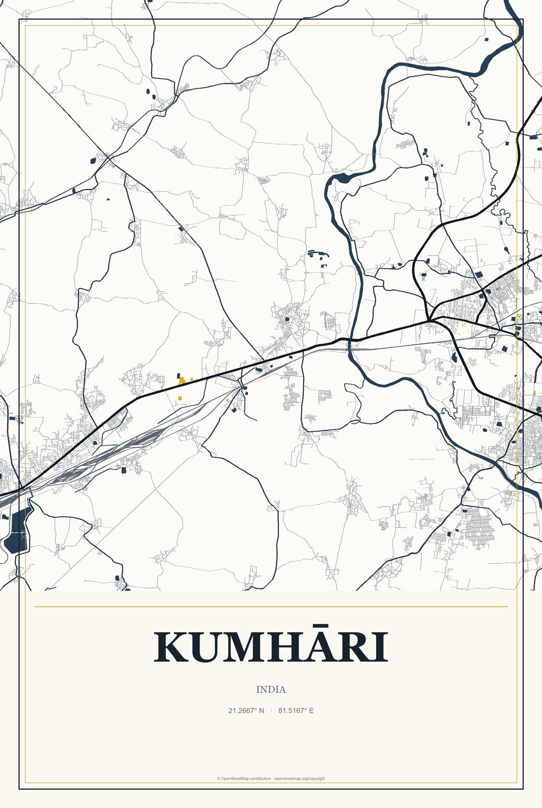 Kumhāri, India City Map Aluminum Sign in Citrine Modern style