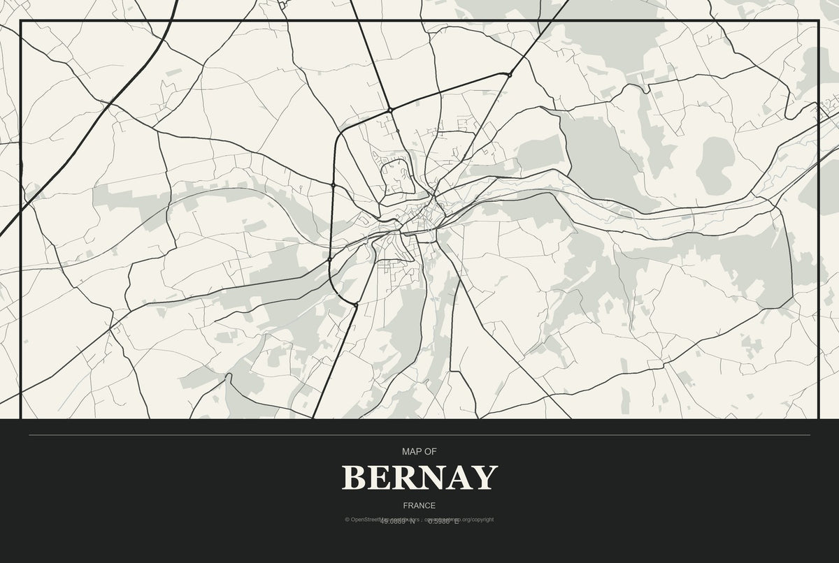 Bernay, France City Map Aluminum Sign in Museum Plaque style