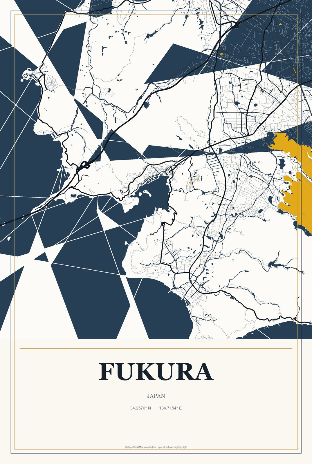 Fukura, Japan City Map Aluminum Sign in Citrine Modern style