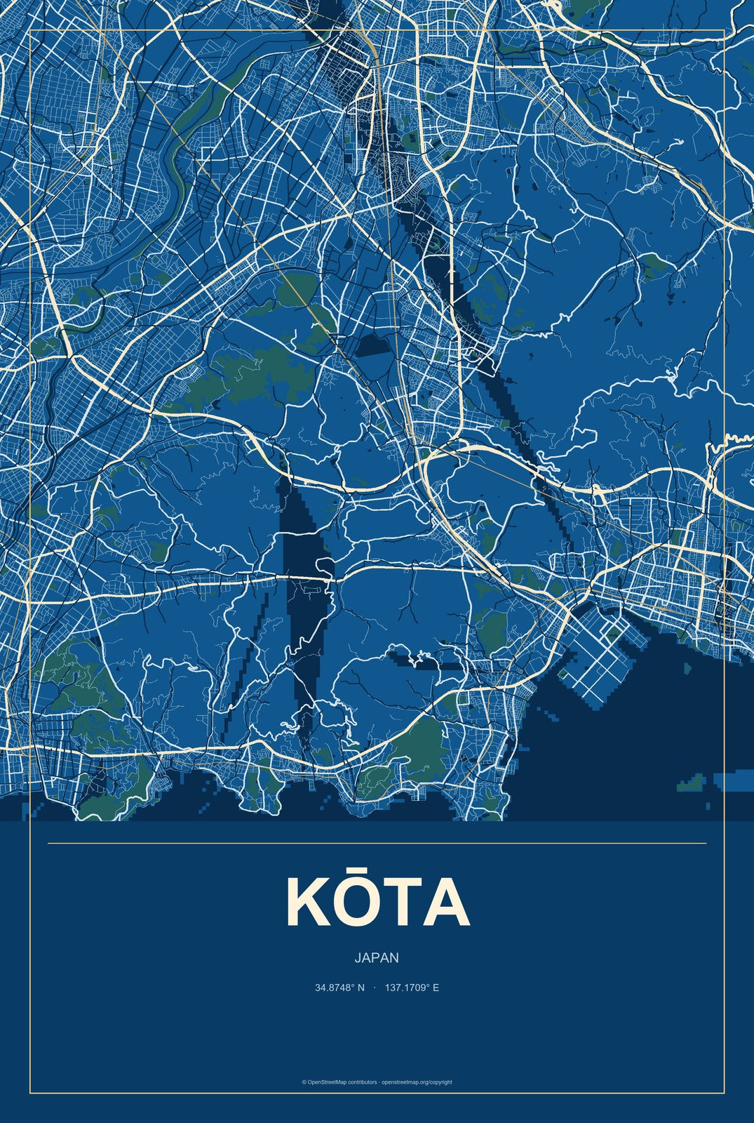Kōta, Japan City Map Aluminum Sign in Harbor Cobalt style