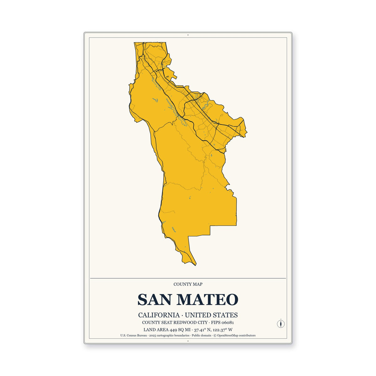 San Mateo County, California Map Aluminum Sign in Citrine Modern style