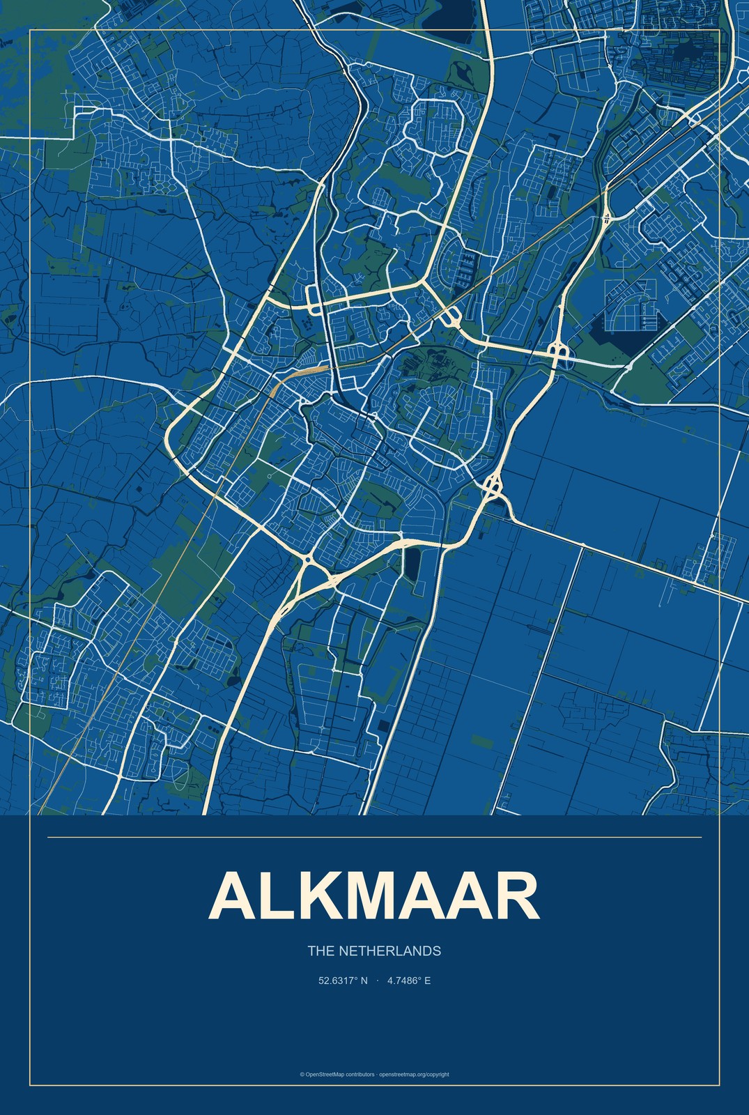 Alkmaar, The Netherlands City Map Aluminum Sign in Harbor Cobalt style