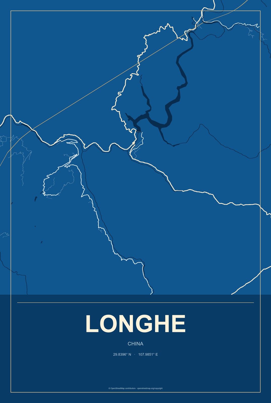 Longhe, China City Map Aluminum Sign in Harbor Cobalt style