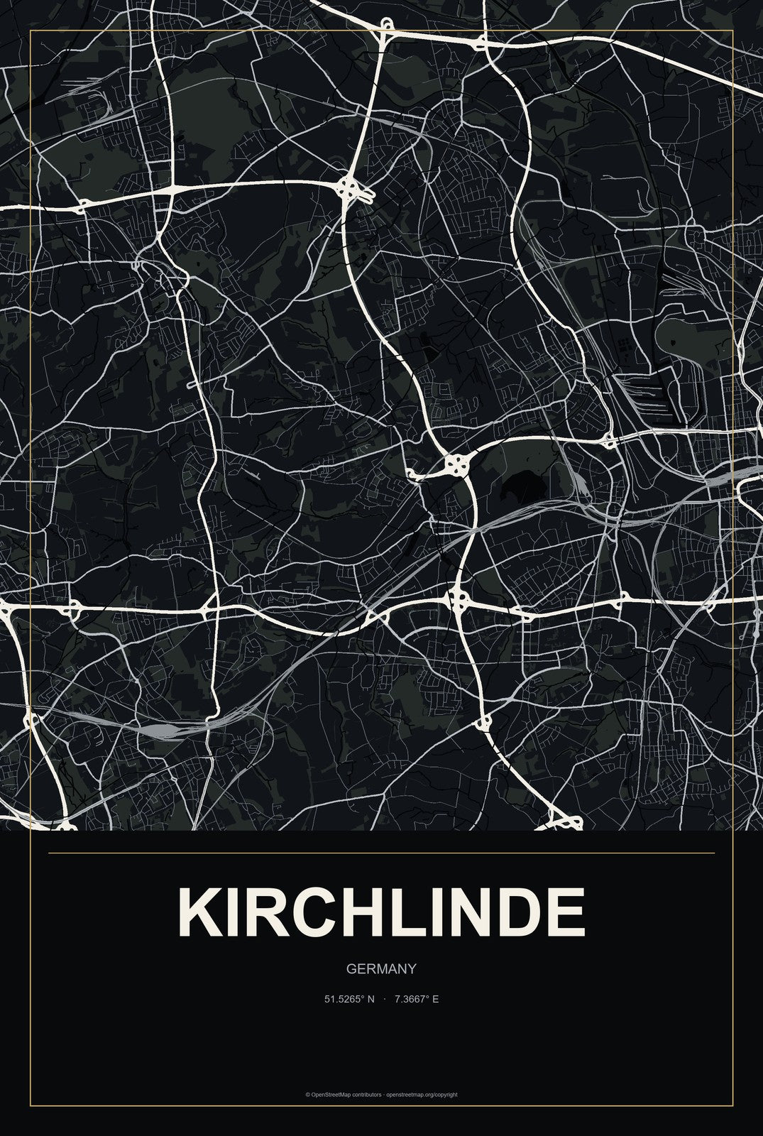 Kirchlinde, Germany City Map Aluminum Sign in Metropolitan Noir style