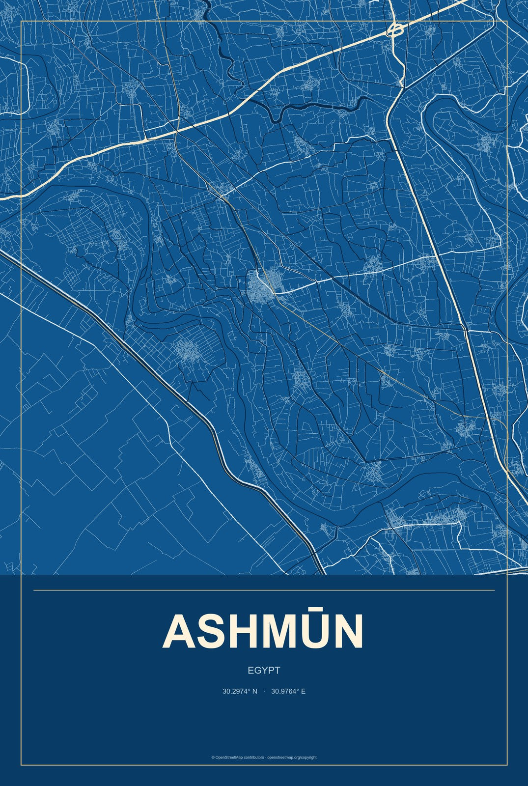 Ashmūn, Egypt City Map Aluminum Sign in Harbor Cobalt style