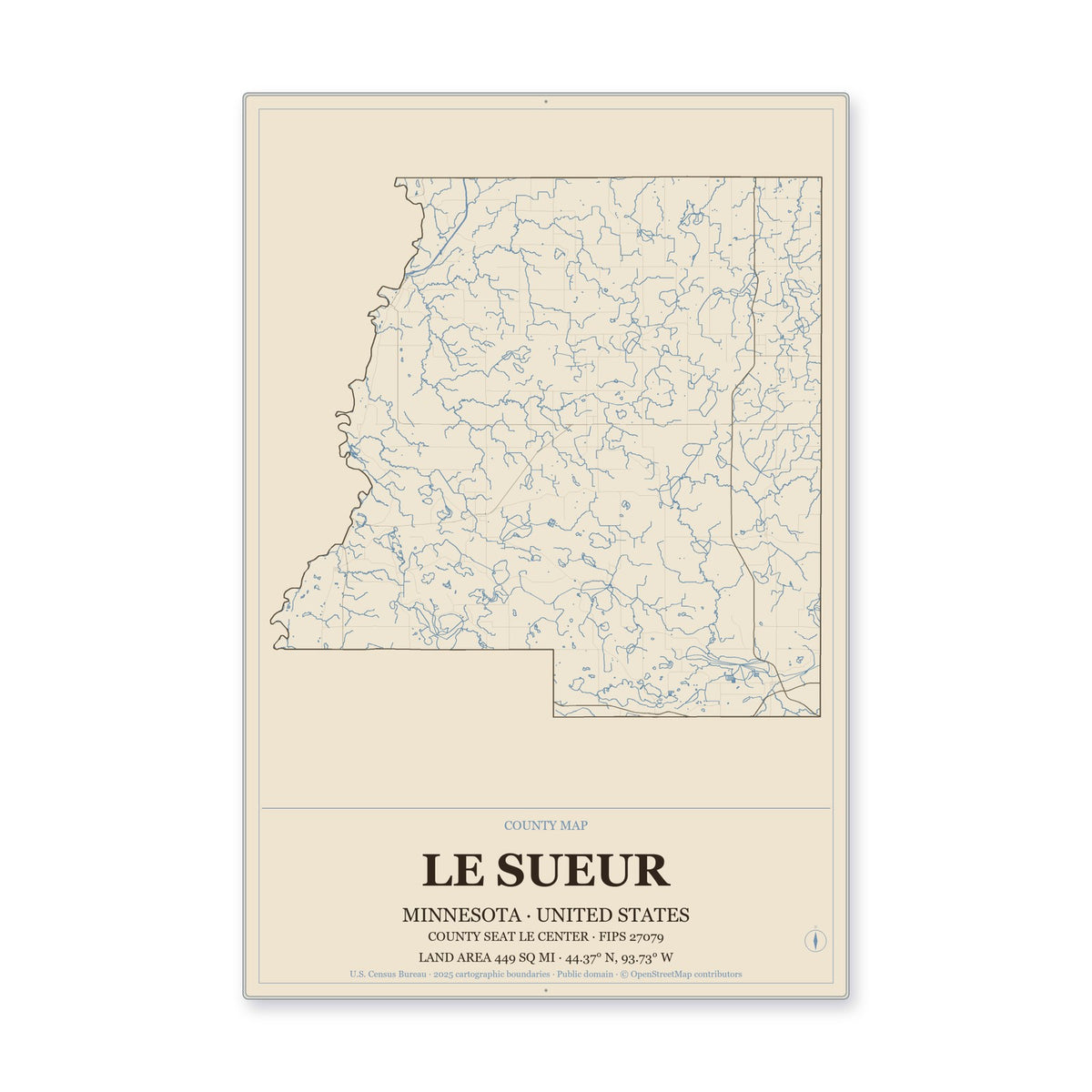 Le Sueur County, Minnesota Map Aluminum Sign in Heritage Nautical style