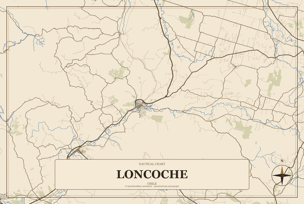 Loncoche, Chile City Map Aluminum Sign in Heritage Nautical style